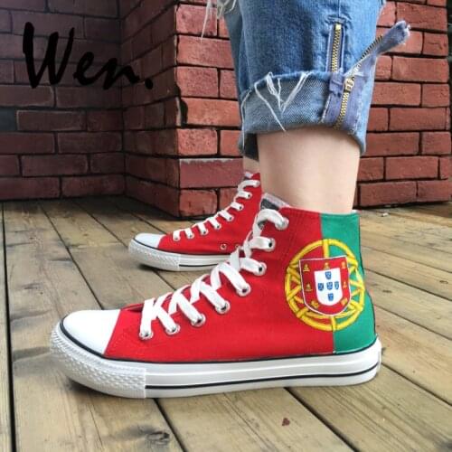 Wen Hand Painted Portugal Flag Canvas Shoes Women Sneakers Men Skateboarding Shoes High Top Sport Gym Trainer Plimsolls