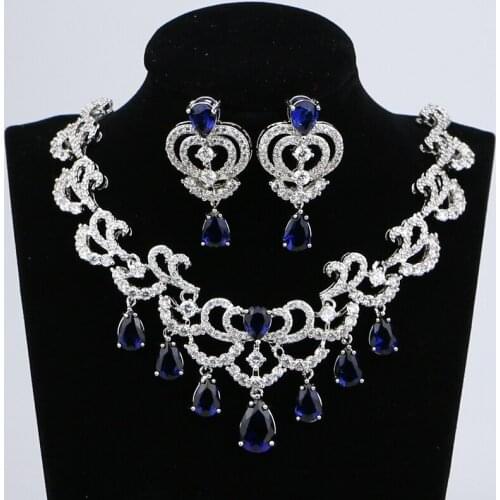 Water Drop Blue Cubic Zirconia Women Silver Color Jewelry Wedding Earrings Pendant Necklace Sets