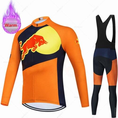 Red 2021 Team Winter Thermal Fleece Cycling Clothes Men Long Sleeve Jersey Suit Outdoor Riding Bike MTB Clothing Bib Pants Set