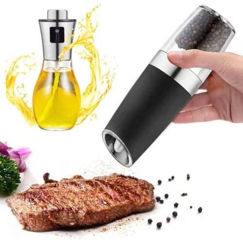 Multicolor Electric pepper grinder Stainless Steel Pepper Mill Salt Shaker and Glass spray bottle Olive oil bottle Spice tools