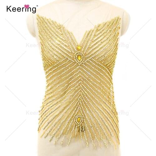 Fashion Design 3D Gold Beaded Patch And AB Rhinestone Applique For Evening Dress WDP-267