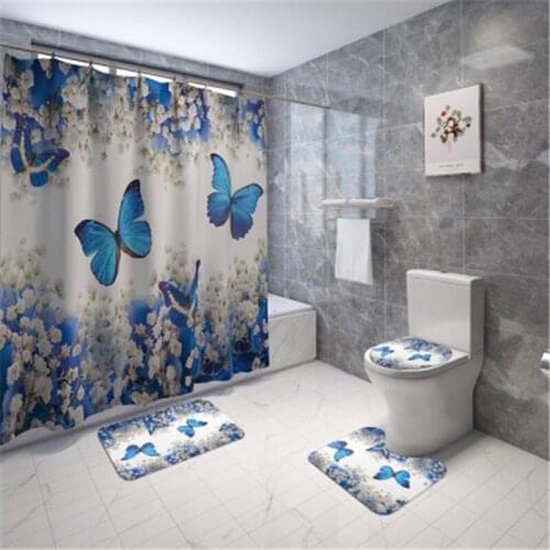 Bathroom Mat Set Non-slip Digita Print Butterfly Bath Mat Coral Fleece Shower Curtain Floor Mat Washable Toilet Rug