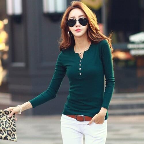 Slim Long Sleeves T Shirt Women Clothes 2019 Button T-Shirt Sexy V-Neck Korean Cotton Tshirt Womens Tops Casual Vetement Femme