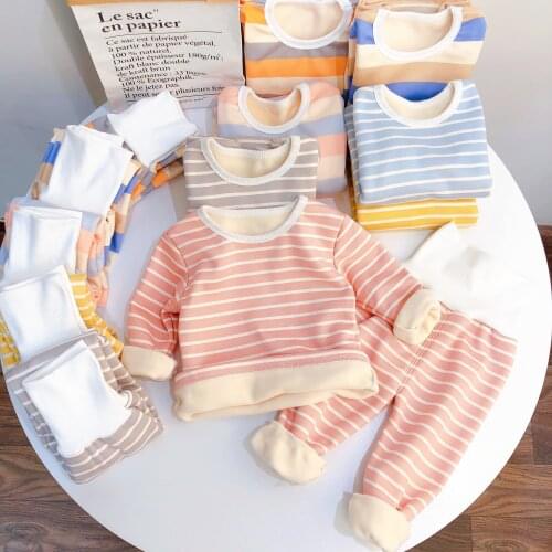 2020 Autumn Winter New Childrens Clothes Sets Warm Stripes T-Shirt & Trousers 2Pcs/Set 2-6Y Boys Girls Homewear Kids Clothing