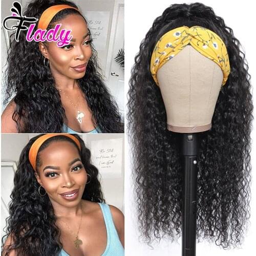 Flady Human Hair Wigs Water Culry Wave Headband Wigs Brazilian Remy Human Hair Scarf Wig Glueless 12-28 Inch for Black Women