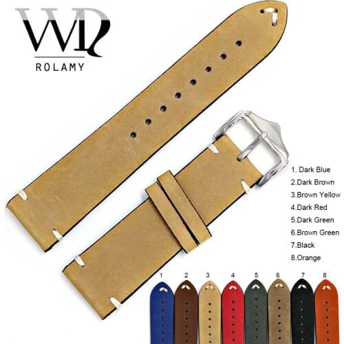 Rolamy Watch Band 20 22 24mm Leather Watchband For Rolex Omega Submariner Daytona Panerai Cowhide Suede Black Vintage Watch Belt