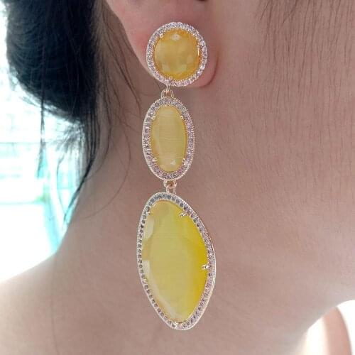 YYGEM Multi shape Yellow Cat Eye Cz pave Yellow Gold color Stud Earrings Classic Rhinestone Geometric Women Dangle Earrings