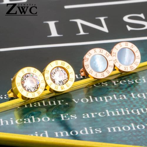 ZWC Fashion Round Anti-allergy Titanium Steel Roman Numeral Stud Earrings for Women Men Crystal Stainless Steel Earrings Jewelry