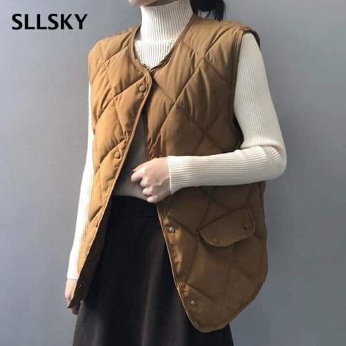 SLLSKY Casual Cotton Vest Women Fall Single Breasted Sleeveless Waistcoat Female Argyle Plaid Vest Plus Size Loose Pocket Vest