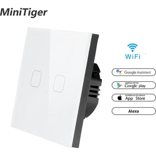 Minitiger WIFI Smart 2 Gang Touch Switch APP Wireless Remote Light Wall Switch Crystal Glass Panel Work With Alexa / Google Home