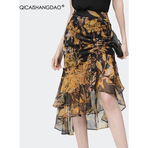 2021 Summer Yellow Floral Printed Chiffon Skirt Women' Mid-Length High Waist Drawstring Design Irregular Draped Mermaid Skirts