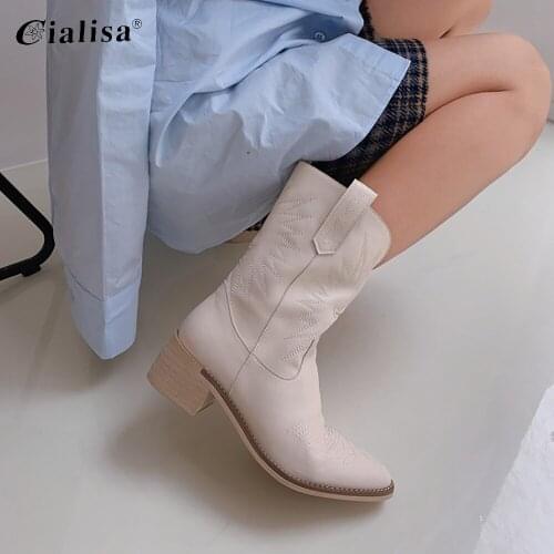 Kanseet Women Shoes Genuine Leather Wedge Heel Boot 2020 Fashion Pointed Toe Mid Heel Solid Slip On Handmade Western Boot