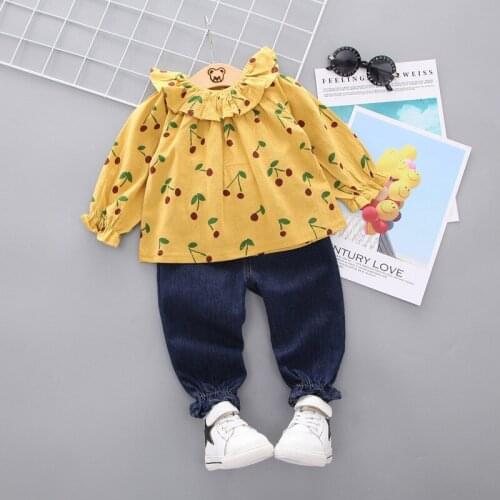 ZWF287 Girl Clothes Sets For Children Strawberry Turndown Collar T-shirt Jeans Pants Cute Toddler Girls Baby Suit for Kid