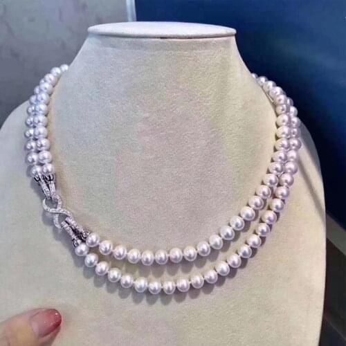 Free shipping 2row 17-18inch 8-9mm white Pearl CZ Necklace Pendant 925 silver micro inlay zircon clasp accessory jewelry