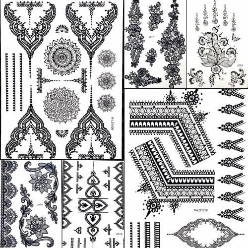 Geometric Symmetry Black Temporary Tattoo Women Girl Waterproof Fake Black Water Transfer Tatoo Henna Flower Hands Arm Bracelets