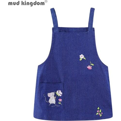 Mudkingdom Autumn Baby Girls Sling Dresses Flower Mouse Pattern Girls Denim Dresses Kids Dresses For Girls