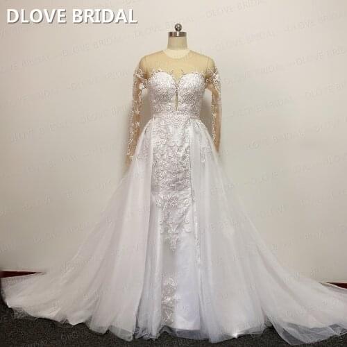 Two In One Wedding Dress Long Sleeve Mermaid Bridal Dresses Lace Detachable Wedding Gown Custom Made