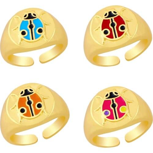 FLOLA 4 Colors Copper Ladybug Ring Open Enamel 18k Gold Plated Ring Gift Jewelry For Women rigm50