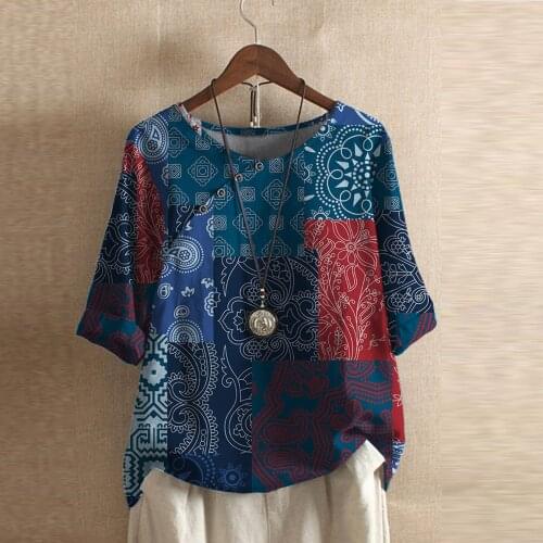 T Shirt Women Spring And Autumn Tops Ladies Fashion Casual Plus Size Button Flower 3/4 Sleeve Linen T-shirt Blouse Clothing