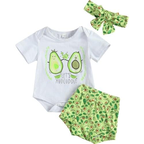 0-18M Cute Summer Avocado Printed Toddler Clothes Sets Infant Baby Girls Short Sleeve Romper Tops Shorts Headband 3pcs Outfits
