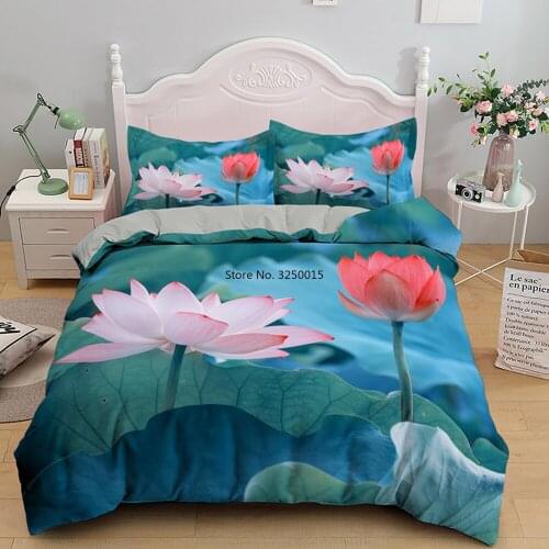 Unique Design Lotus Twin Full Single Bedding Set Luxury Green King Queen Size Duvet Cover Sets Artistic Home Decoration