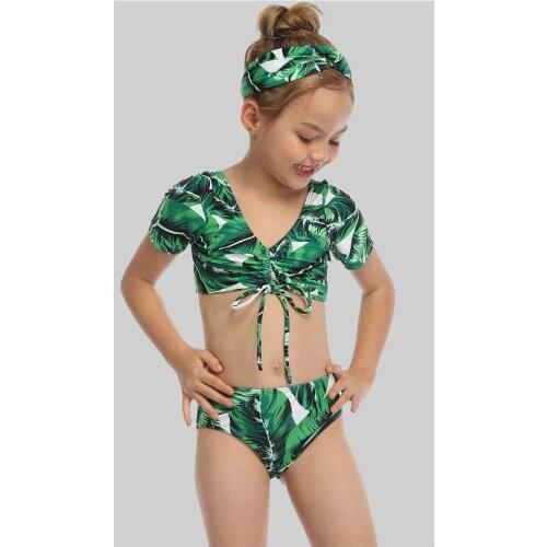 Tropical Plant Girls Swimsuit Bandage Two Piece Childrens Swimwear Little Girl Bikini Set V Neck 3-14Y Bathing Suit Beachwear