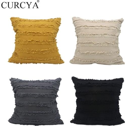 CURCYA Yellow Black Gray Khaki Fashion Tassels Cushion Cover Cotton Linen Decorative Throw Pillow Cases for Couch Sofa