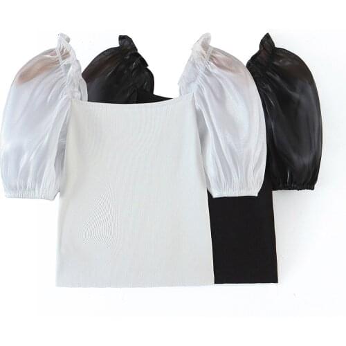 JC·KILIG 2021 New Retro Square Collar Bubble Sleeve Slimming Short Knit Slimming T-Shirt D9092