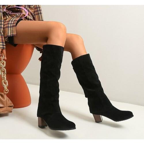 Casual style round toe nubuck knee high boots pleated white brown black yellow high-heeled chunky riding boots womens shoes