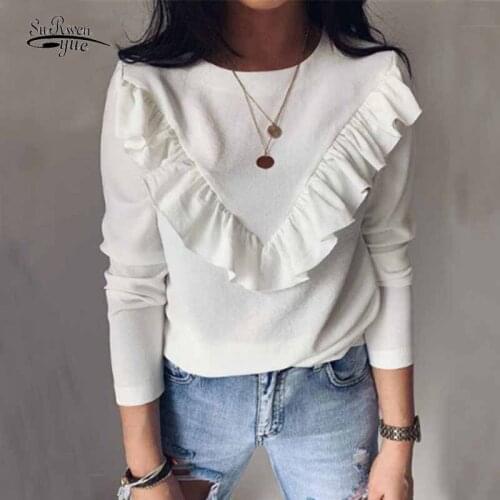 Ruffle Stitching O-neck Pullover Fashion Elegant Long Sleeve White Ladies Blouse Autumn Casual Khaki Shirt Top Women Blusa 12374