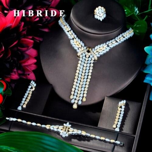 HIBRIDE Big Luxury Long Tassel Double Tone Women Wedding Naija Bridal Cubic Zirconia Necklace Dubai Dress Jewelry Set N-848