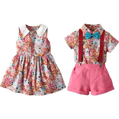Boys Print Short-Sleeved Shirt + Thin Overalls Suit Birthday One-Year-Old Performance Clothing Boys And Girls Siblings Costumes