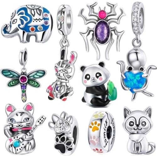 Cute animal baby panda original 925 sterling silver punk rabbit cat CZ elephant octopus charm pendant fit Pandora bracelet beads