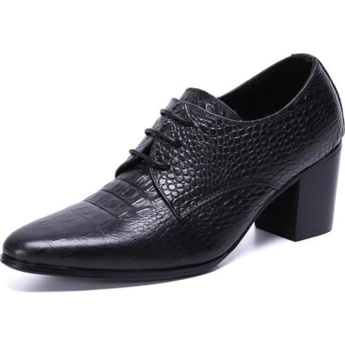 Mens High Heels British Trendy youth increased formal business dress shoes Black Crocodile Pattern Genuine Leather Wedding Shoes