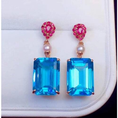 Solid 18K Rose Gold Stud Earring for Women Genuine Natural Aquamarine Jewlery Organiser Aretes De Mujer Garnet Earrings Luxury