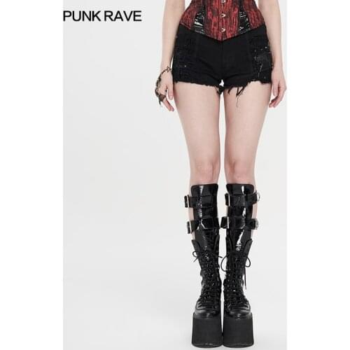 PUNK RAVE Womens Punk Heavy Metal Cone Nails Denim TwillShorts Eyelet Sexy Handsome Visual Kei Super Rivet Shorts