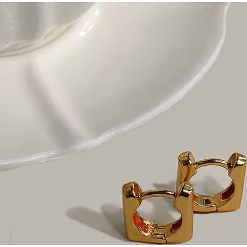 Flatfoosie High Quality French Golden Square Shaped Hoop Earring Womens Minimalist Chunky Hoop Geometrical Brass Earring Bijoux