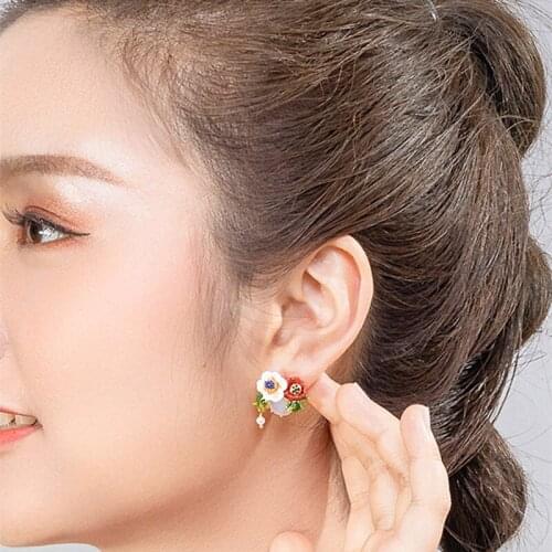 925 Silver Needle Stud Earrings Female Fashion Wild New Hand-painted Enamel Two-color Flower Earrings Without Pierced Ear Clips