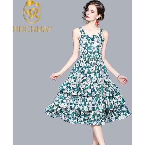 New Summer Holiday Beach Sundress Women Sleeveless Floral Print Designer Dress High Quality Fashion Runway Dresses Vestido