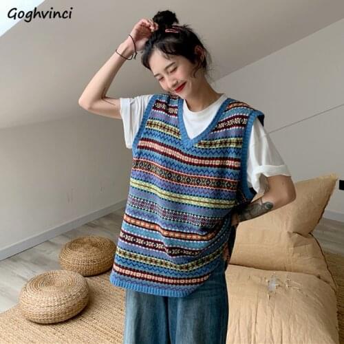 Sweater Vest Women Vintage Striped Knitting Students Loose Soft Korean All-match Trendy Quality Mujer Summer Aesthetic Clothing