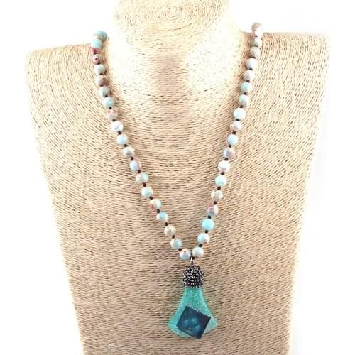 Free Shipping Fashion Blue Natural Stone Pendant Long Necklace For Women Lariat Necklaces