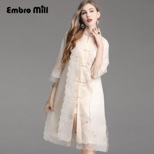 Spring folk-custom Standing collar Organza embroidery Single-breasted coat fashion Thin and light elegant coat female M-XXL