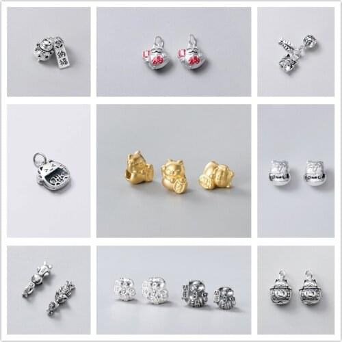 MEETSOFT 925 Sterling Silver Cat Wealth Charms for Women Necklace DIY Fine Jewelry Prevent Allergy Deocration Bracelet Accessory