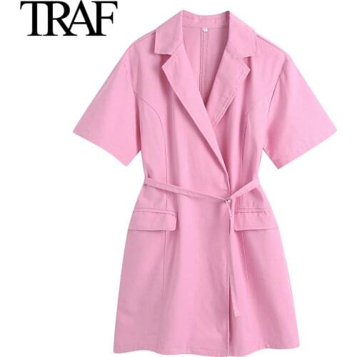 Traf Za Women Clothing Summer 2021 Pink Dresses Office Chic Short Sleeve Suit Dress French Fashion Bandage Dress