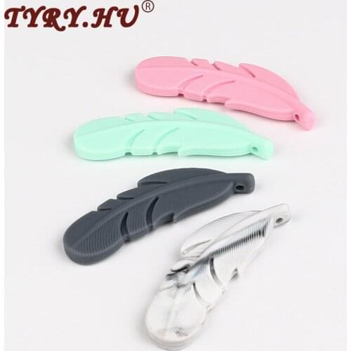 TYRY.HU 20Pcs/lot Food Grade Silicone Feather Beads Silicone Teether Pendant For Baby Necklace Shower Toys 18mm*56mm*6.5mm