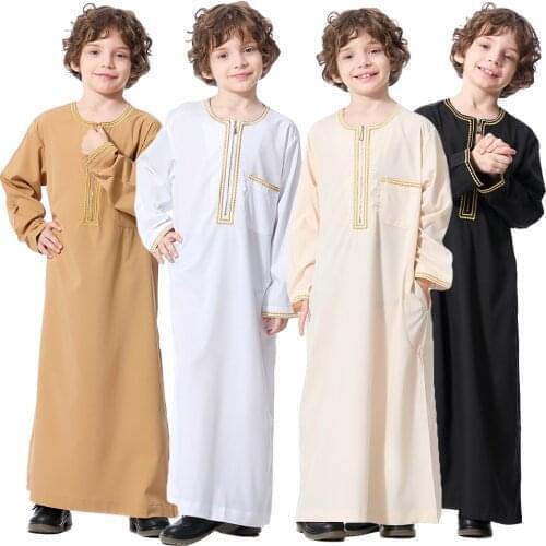 Muslim Saudi Arab Boys Robe Dishdasha Kids Abaya Kaftan Prayer Islam Clothing Long Sleeve Thobe Middle East Teenage Dress Dubai