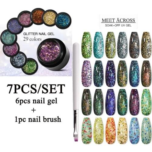 MEET ACROSS 7Pcs Glitter UV Gel Nail Polish Set Shiny Hybrid Varnishes For Painting Bright Gel Nail Polish For Manicure