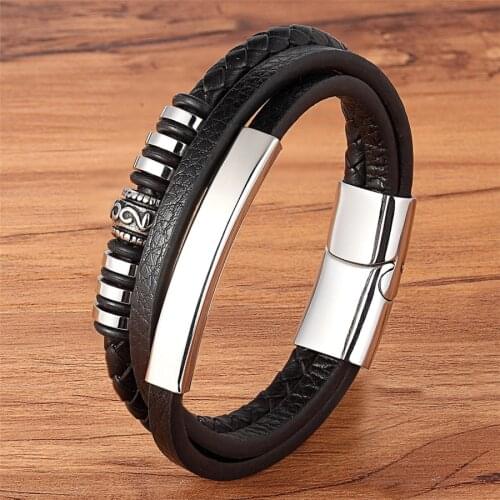 XQNI Geometrically Irregular Graphics Stainless Steel Genuine Leather Bracelet Black/Brown Color Accessories Jewelry For Men