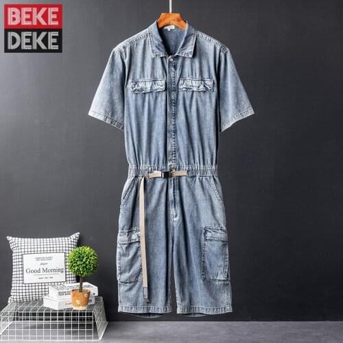 Summer Vintage One Piece Short Denim Jumpsuits Pockets Jeans Cargo Overalls Shorts Sleeve Hip Hop Retro Rompers Male Streetwear