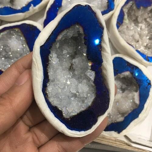 Energy Natural stones and minerals specimen blue electroplated Crystal druzy gemstone geode meditation healing as gift